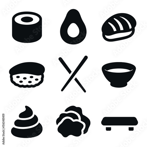 Sushi Icons Grid. Solid, filled icons set of sushi presentation: sushi roll, avocado, fish slice, rice base,