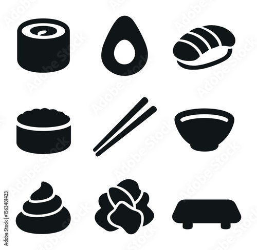 Sushi Icons Grid. Solid, filled icons set of sushi presentation: sushi roll, avocado, fish slice, rice base,