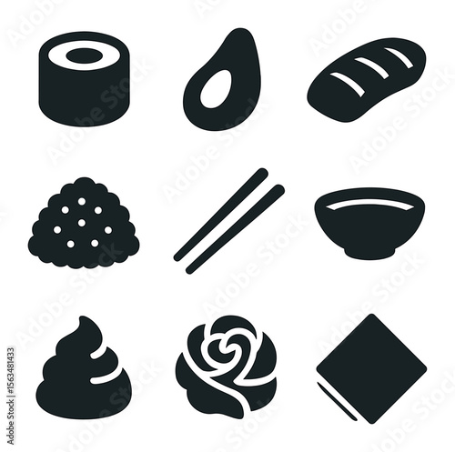 Sushi Dining Icons. Solid, filled icons set of sushi dining: sushi roll, avocado slice, fish fillet, rice,