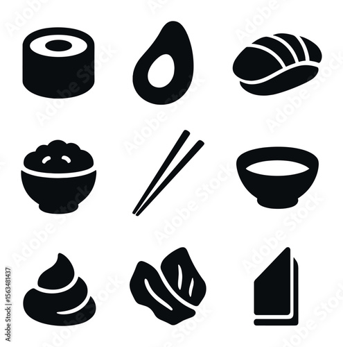 Sushi Dining Icons. Solid, filled icons set of sushi dining: sushi roll, avocado slice, fish fillet, rice,