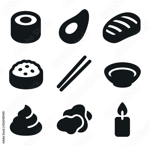 Sushi Dinner Icons. Solid, filled icons set of sushi dinner: sushi roll, avocado slice, fish fillet, rice,