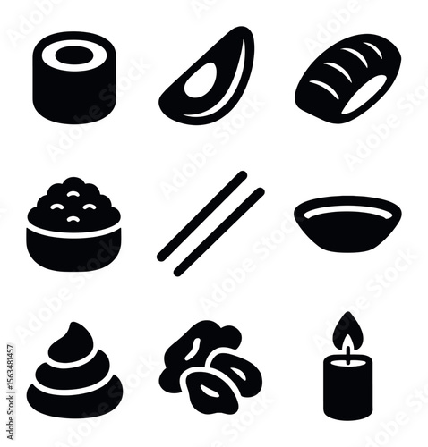 Sushi Dinner Icons. Solid, filled icons set of sushi dinner: sushi roll, avocado slice, fish fillet, rice,