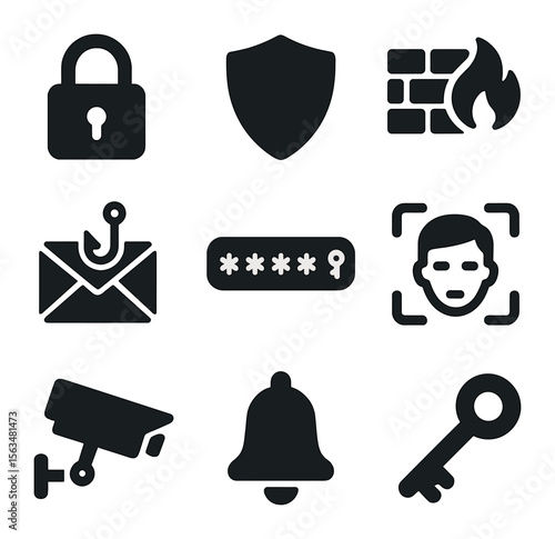 Security Icons Grid. Solid, filled icons set of security awareness: padlock, shield, firewall, phishing email,
