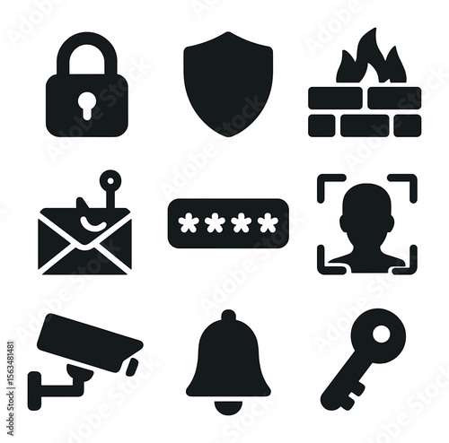 Security Icons Grid. Solid, filled icons set of security awareness: padlock, shield, firewall, phishing email,