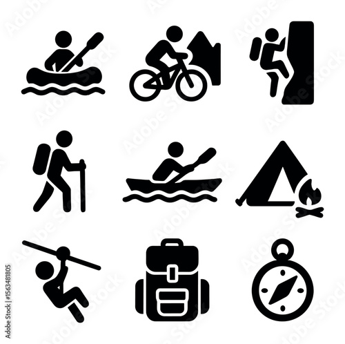 Adventure Icons Set. Solid, filled icons set of adventure activities: rafting, mountain biking, rock climbing,