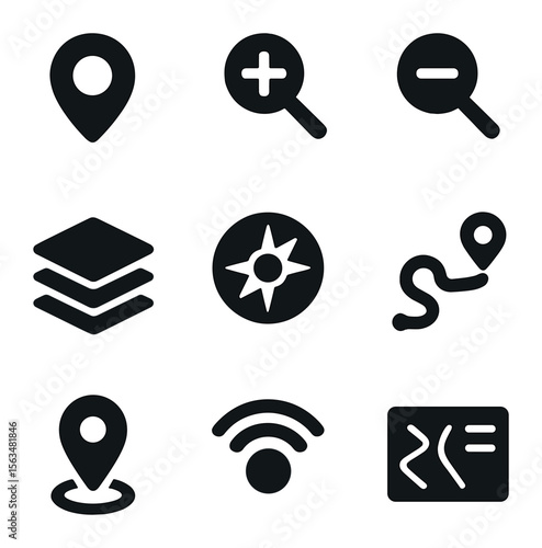 Interactive Map Icons. Solid, filled icons set of interactive maps: location pin, zoom in, zoom out, map