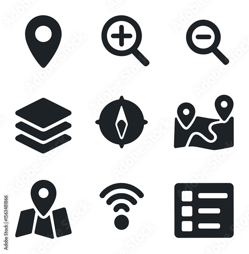 Interactive Map Icons. Solid, filled icons set of interactive maps: location pin, zoom in, zoom out, map