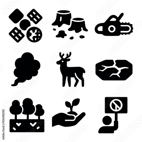 Deforestation Icon Set. Solid, filled icons set of global deforestation: satellite image, forest loss,