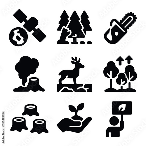 Deforestation Icon Set. Solid, filled icons set of global deforestation: satellite image, forest loss,