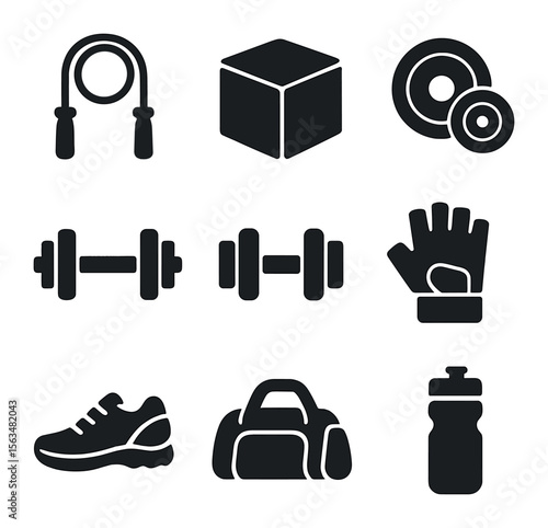 CrossFit Gear Icons. Solid, filled icons set of CrossFit gear: jump rope, plyo box, weight plates, barbell,