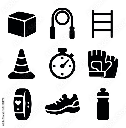 Plyometric Training Icons. Solid, filled icons set of plyometric training: plyometric box, jump rope, agility