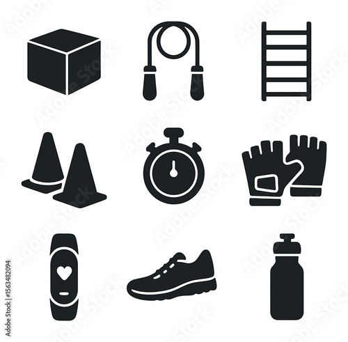Plyometric Training Icons. Solid, filled icons set of plyometric training: plyometric box, jump rope, agility