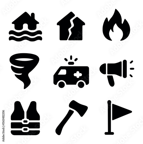 Natural Disaster Icons. Solid, filled icons set of natural disaster rescue: flood, earthquake, fire, tornado,