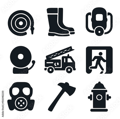 Fire Rescue Icon Set. Solid, filled icons set of fire and rescue operations: fire hose, firefighter boots,