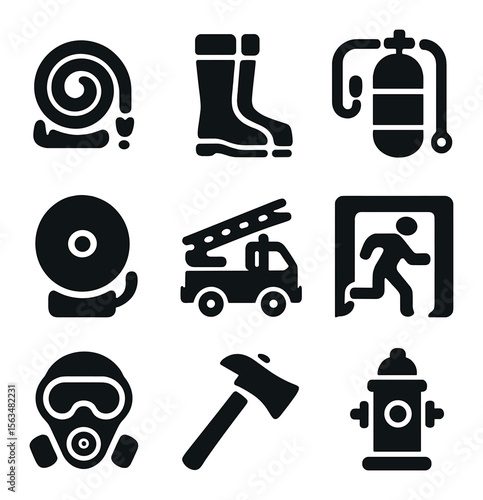 Fire Rescue Icon Set. Solid, filled icons set of fire and rescue operations: fire hose, firefighter boots,