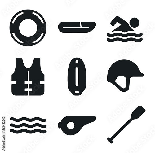 Water Rescue Icons. Solid, filled icons set of water rescue operations: lifebuoy, rescue boat, swimmer, life