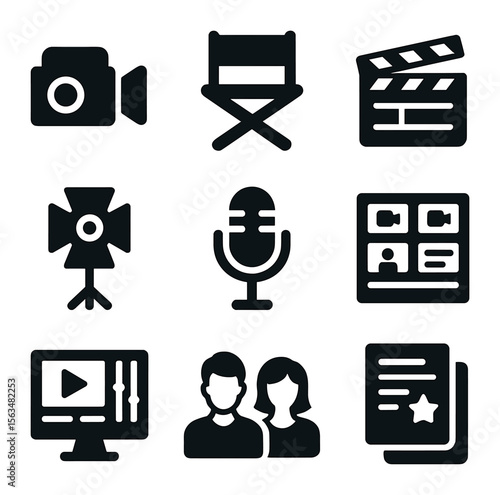 TV Production Icon Set. Solid, filled icons set of TV commercials production: camera, director’s chair,