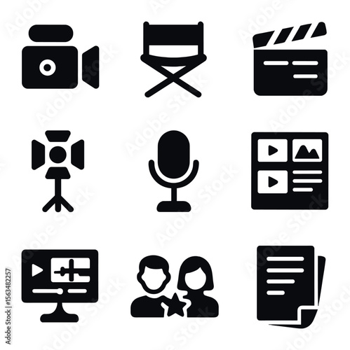 TV Production Icon Set. Solid, filled icons set of TV commercials production: camera, director’s chair,