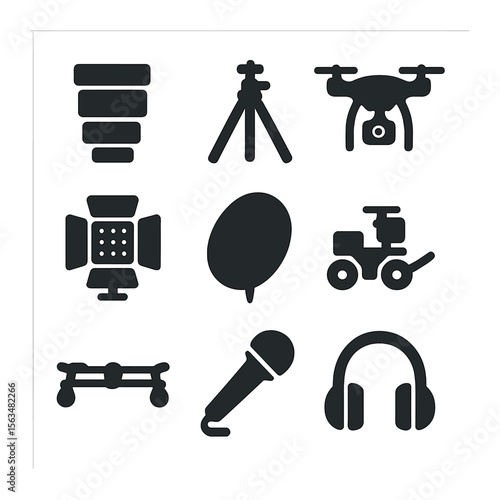 Video Gear Icons. Solid, filled icons set of video production equipment: camera lens, tripod, drone, light