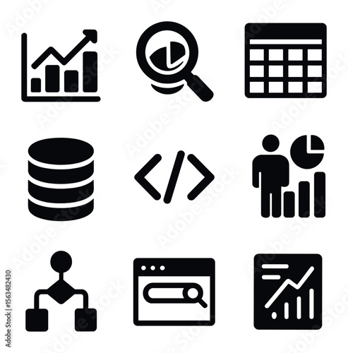 Data Analytics Icons. Solid, filled icons set of data journalism and analytics: data charts, magnifying glass,