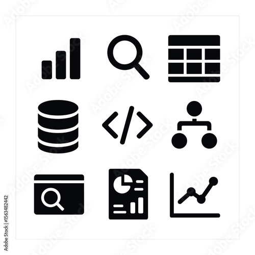 Data Analytics Icons. Solid, filled icons set of data journalism and analytics: data charts, magnifying glass,