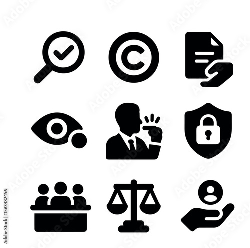 Journalism Ethics Icons. Solid, filled icons set of journalism ethics online: fact-check, copyright symbol,