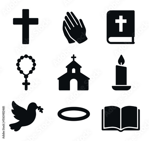 Christian Spirituality Icons. Solid, filled icons set of The role of prayer in Christian spirituality: cross,