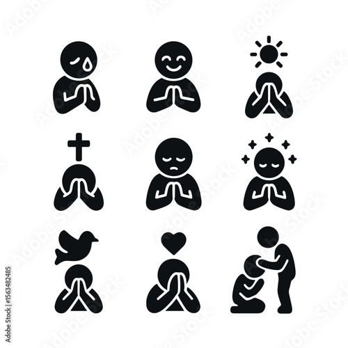 Prayer Icons Grid. Solid, filled icons set of Prayer expressions and emotions: tears, joy, hope, faith,