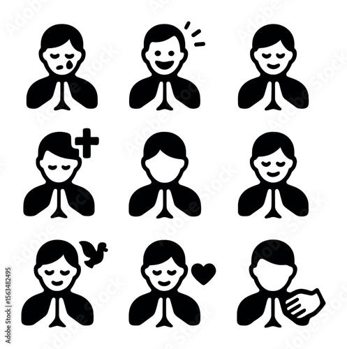 Prayer Icons Grid. Solid, filled icons set of Prayer expressions and emotions: tears, joy, hope, faith,