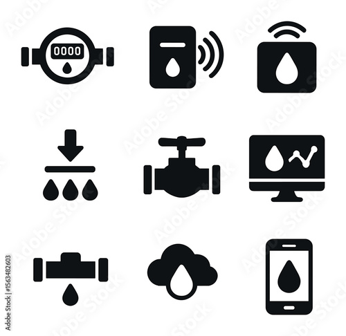 Smart Water Icons. Solid, filled icons set of smart water systems: water meter, sensor, IoT device, water flow