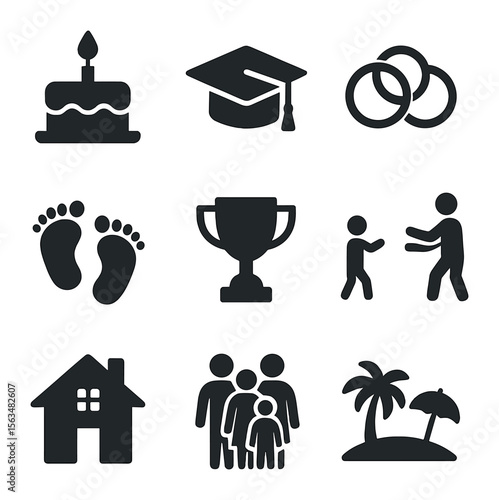 Milestone Celebration Icons. Solid, filled icons set of Celebrating milestones together: birthday cake,