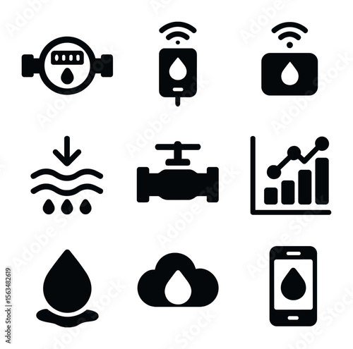 Smart Water Icons. Solid, filled icons set of smart water systems: water meter, sensor, IoT device, water flow
