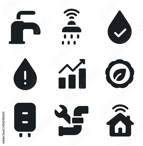 Smart Water Use Icons. Solid, filled icons set of residential smart water use: faucet, smart shower, water