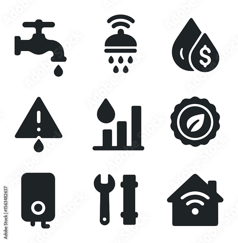 Smart Water Use Icons. Solid, filled icons set of residential smart water use: faucet, smart shower, water