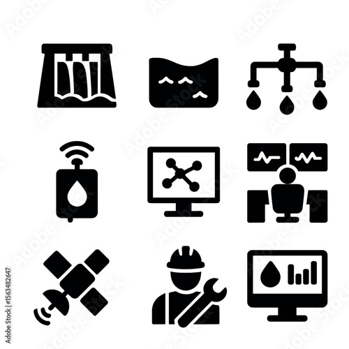 Smart Water Icons Grid. Solid, filled icons set of smart water infrastructure: dam, reservoir, distribution