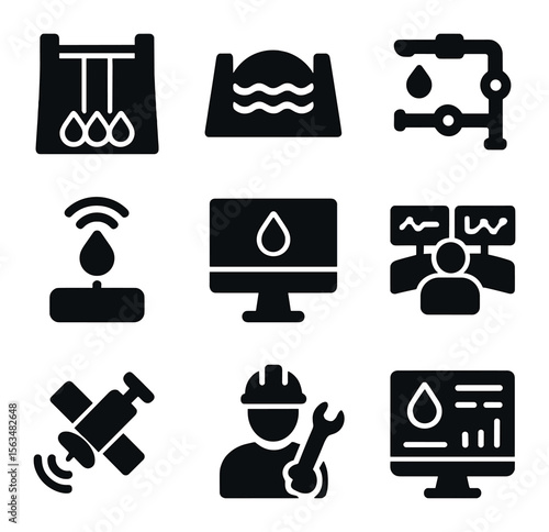 Smart Water Icons Grid. Solid, filled icons set of smart water infrastructure: dam, reservoir, distribution