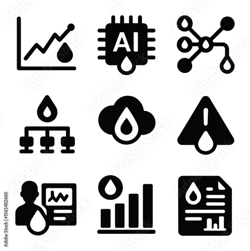 Water Data Icons. Solid, filled icons set of water data analysis: graph, AI algorithm, predictive model,