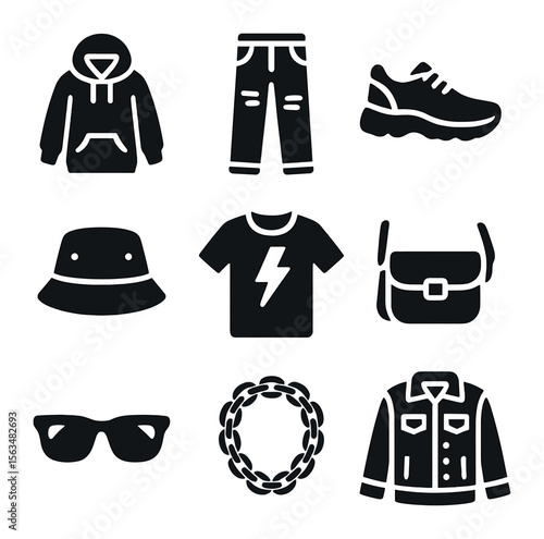 Street Style Icons. Solid, filled icons set of street style trends: oversized hoodie, ripped jeans, sneakers,