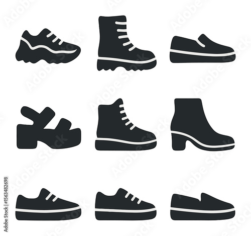 Street Footwear Icons. Solid, filled icons set of street style footwear: chunky sneakers, combat boots,