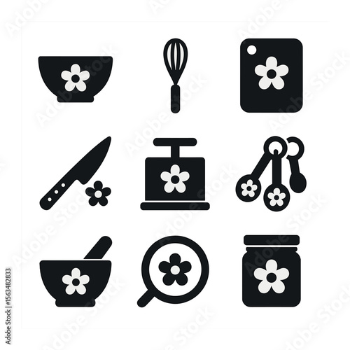 Edible Flower Kitchen Tools. Solid, filled icons set of edible flower kitchen tools: mixing bowl, whisk,