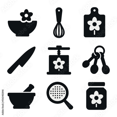 Edible Flower Kitchen Tools. Solid, filled icons set of edible flower kitchen tools: mixing bowl, whisk,