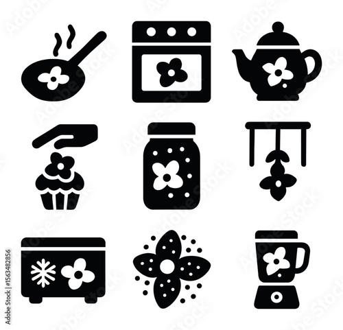 Cooking Techniques Icons. Solid, filled icons set of cooking techniques with edible flowers: sautéing, baking,