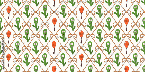Summer. Coquette seamless Trellis. Vector illustration of silly cactus mexican maracas and Coquette Bow and Ribbon seamless pattern. Perfect wallpaper textile fabric print. Mexican wrapping paper