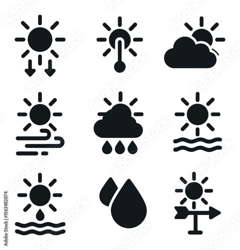 Weather Icons Set. Solid, filled icons set of the role of the sun in weather: solar radiation, sun rays,