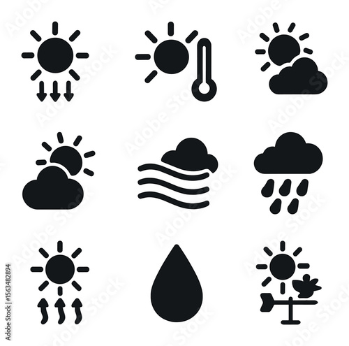 Weather Icons Set. Solid, filled icons set of the role of the sun in weather: solar radiation, sun rays,