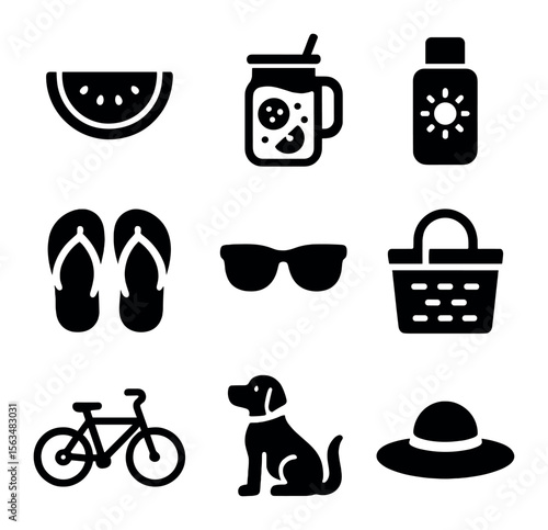 Summer Picnic Icons. Solid, filled icons set of summer picnic scene: watermelon slice, lemonade jar, sunblock,