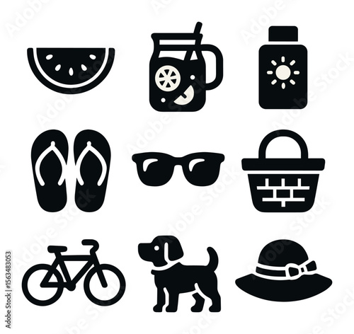 Summer Picnic Icons. Solid, filled icons set of summer picnic scene: watermelon slice, lemonade jar, sunblock,