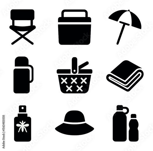 Outdoor Picnic Icons. Solid, filled icons set of outdoor picnic gear: foldable chairs, cooler, umbrella,