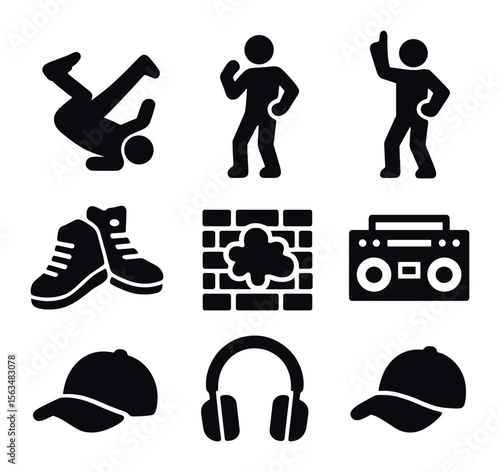 Urban Dance Icons. Solid, filled icons set of urban dance moves: breakdance, popping, locking, hip hop, street