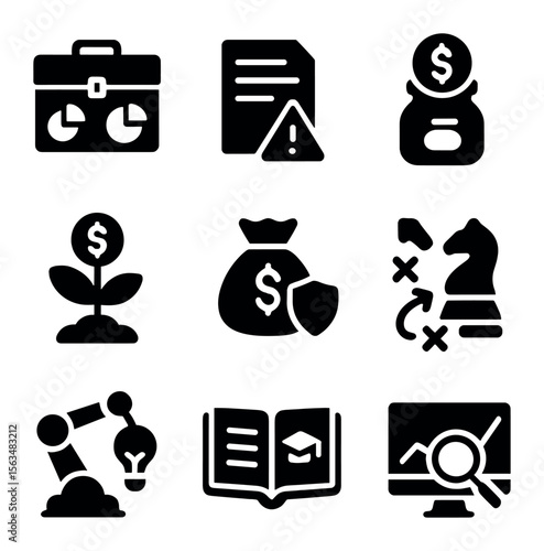 Economic Resilience Icons. Solid, filled icons set of economic resilience: diversified portfolio, risk